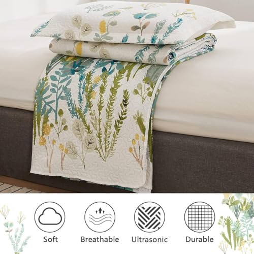 Green Essen King Size Floral Quilt Set - Botanical Bedspread with Pillow Shams
