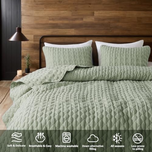 WDCOZY Sage Green Queen Quilt Bedding Set - 3 Piece Lightweight Coverlet