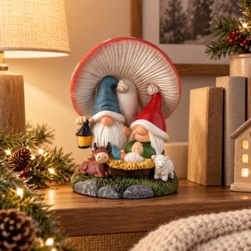 Hodao Mushroom Nativity Scene Gnome Figurine - Whimsical Christmas Manger Decoration