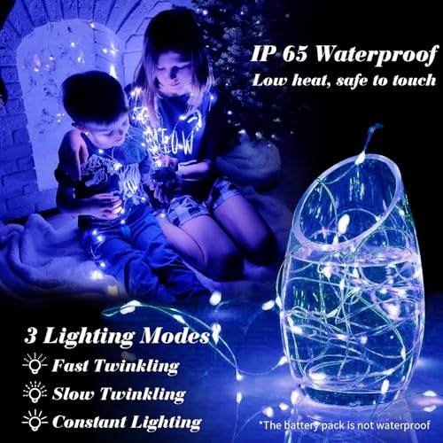 12-Pack Blue LED Fairy String Lights - 7ft Battery Operated Silver Wire