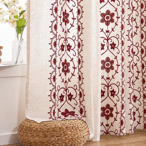 Chorowl Burgundy on Beige Linen Curtains 2 Panels 52"W x 63"L Grommet