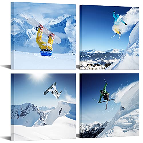 LevvArts 12x12x4pcs Snow Mountain Canvas Wall Art Set – Giclee Framed Easy Hang