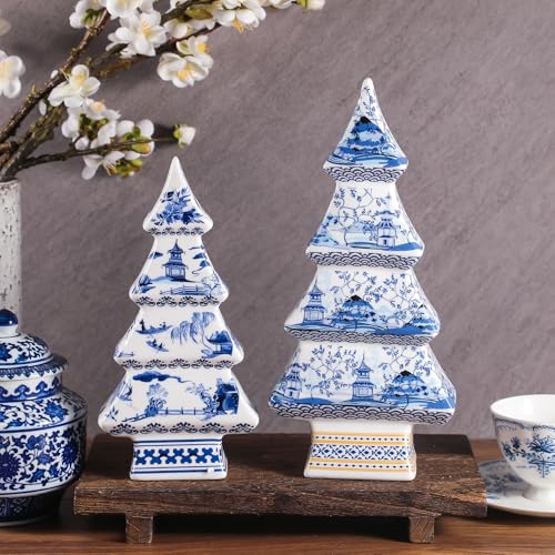 Bucherry 2 Pcs Chinoiserie Christmas Tree 12" 10" Elegant Style – Set of 2 Porcelain Trees
