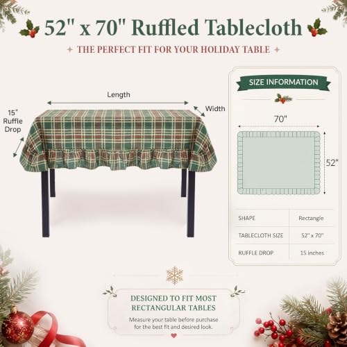Green Christmas Plaid Ruffled Tablecloth 52x70 Inch for Holiday Dining - Mindsoft