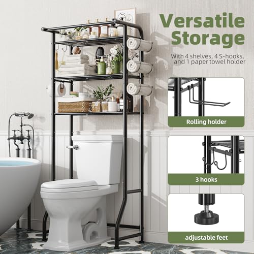 Over The Toilet Storage Cabinet - 3-Tier Metal Bathroom Shelf Organizer, Black