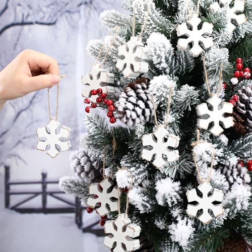 Soaoo 12 Pcs Rustic Wooden Snowflake Ornaments - 2.4 Inch Holiday Decor with Rope