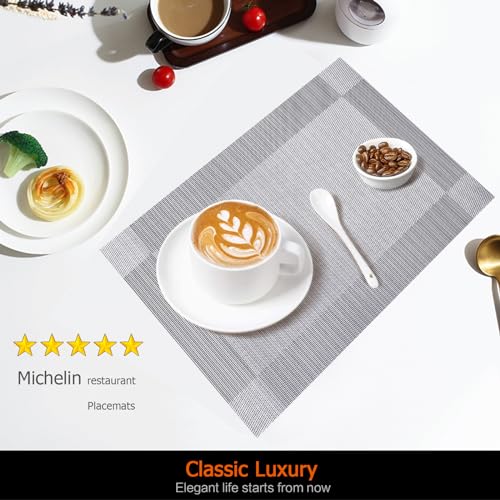 Silver Grey Woven Vinyl Placemats - Heat Resistant Table Mats, Set of 6
