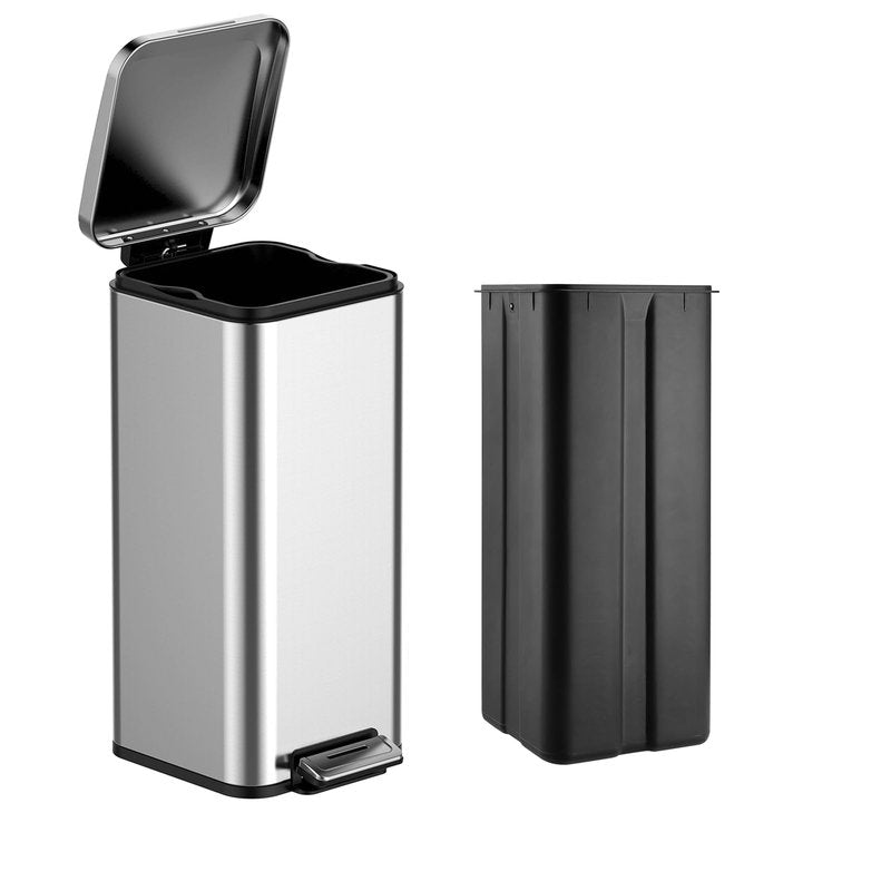 EcoExplorer 8 Gallon Kitchen Trash Can, 30 Liter Stainless Steel Garbage Bin with Removable Inner Bucket, Square Step Recycling Bin with Soft-Close Lid for Dining Room, Bathroom, Home Office