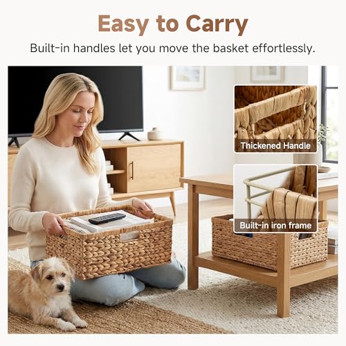 Large Woven Water Hyacinth Storage Basket with Built-in Handles
