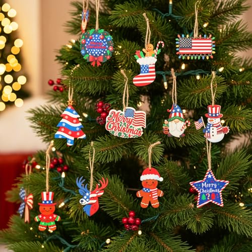 36PCS Patriotic Wooden Christmas Ornaments - Red White Blue Holiday Decor