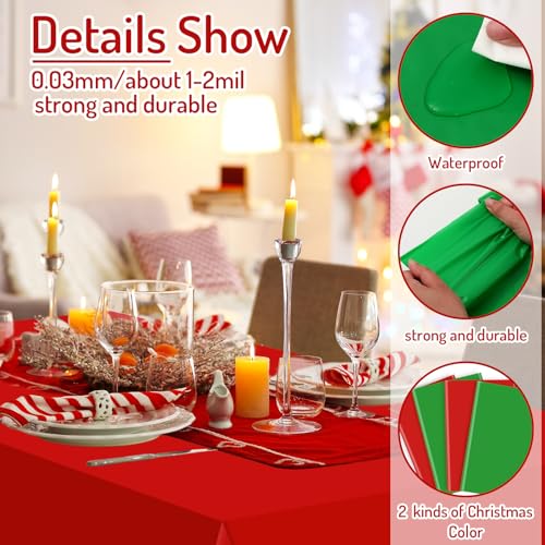 JarThenaAMCS 4Pcs Christmas Plastic Tablecloth Red Green Waterproof 54x108 Inch Holiday Party Decor