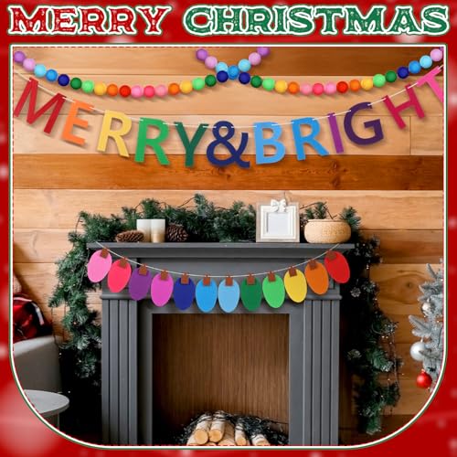 Christmas Felt Garland Set with Pom Poms, Light Bulb Banners & Merry Sign