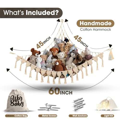 Extra Large Macrame Stuffed Animal Hammock with LED Lights, Cotton Toy Net