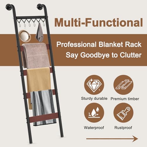 5-Tier Wall-Leaning Blanket Ladder Rack with Hooks, Rustic Storage Shelf