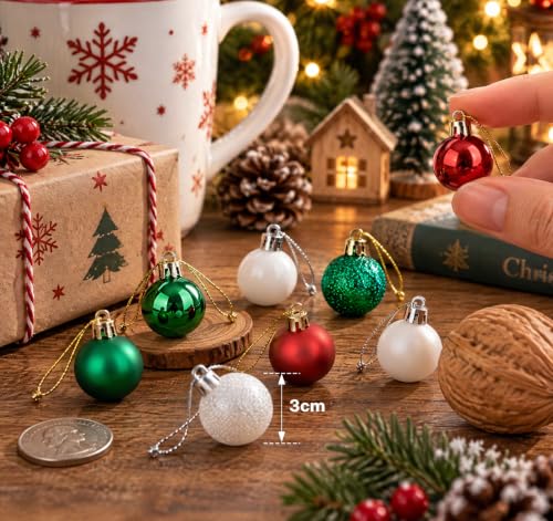 Anstore 54Pcs Mini Christmas Ornaments Red Green White - 3cm/1.18in Shatterproof Baubles with Gold Caps & String