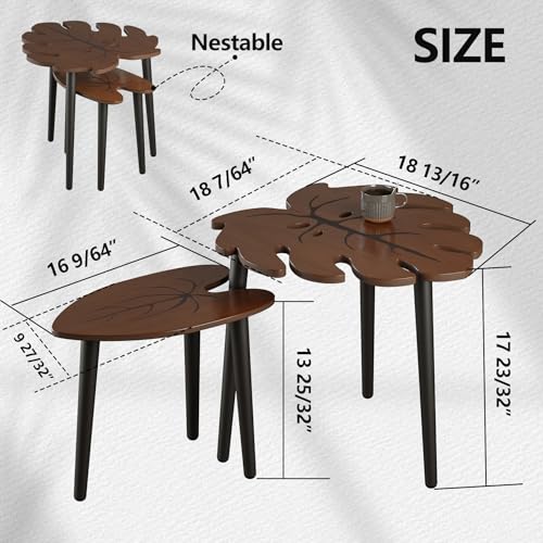 Monstera Leaf Nesting Tables Set of 2, Wooden Side Table Set for Living Room