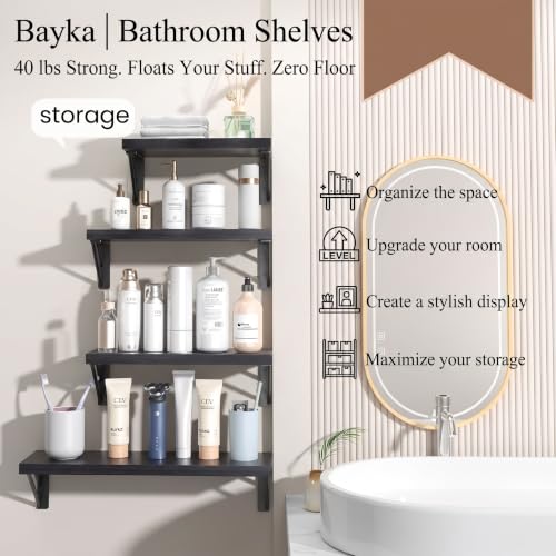 BAYKA Floating Wall Shelves - Rustic Wood Wall Storage Set of 4 Black