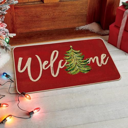 Artoid Mode Red Xmas Tree Welcome Doormat 17x29 Inch, Non-Slip Low-Profile Indoor Outdoor