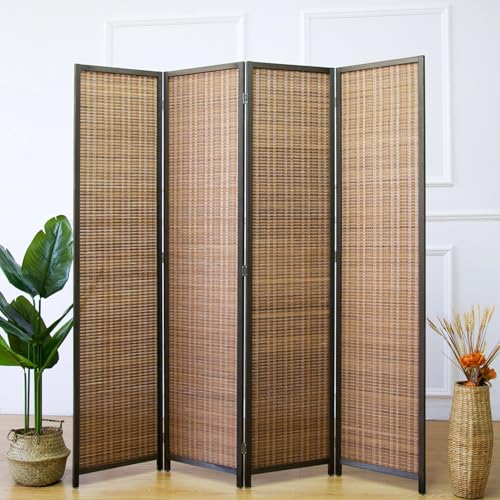 Furnnylane Brown 4-Panel Bamboo Room Divider - 5.6 ft Tall Folding Privacy Screen