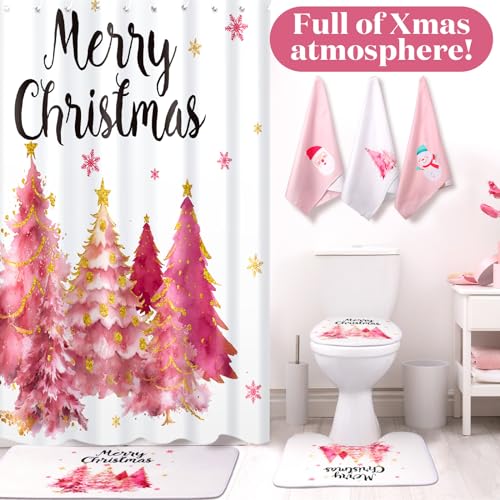 Newwiee 7-Piece Christmas Shower Curtain Set, Toys & Towels, 72x72, Cute Style