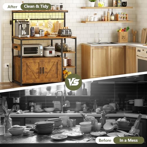 Kitchen Bakers Rack with Power Outlet, LED Light, and Storage Cabinet