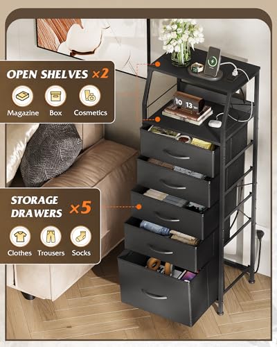 5-Drawer LED Nightstand with Charging Station and Open Shelves