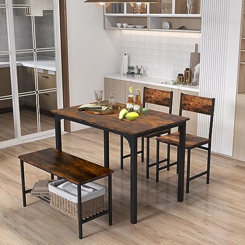 4-Piece Industrial Dining Table Set with Bench and Chairs - Rustic Brown