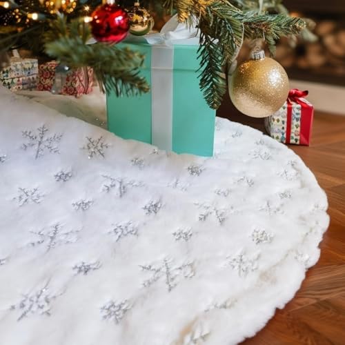 48-Inch White Faux Fur Christmas Tree Skirt with Silver Sequin Snowflakes
