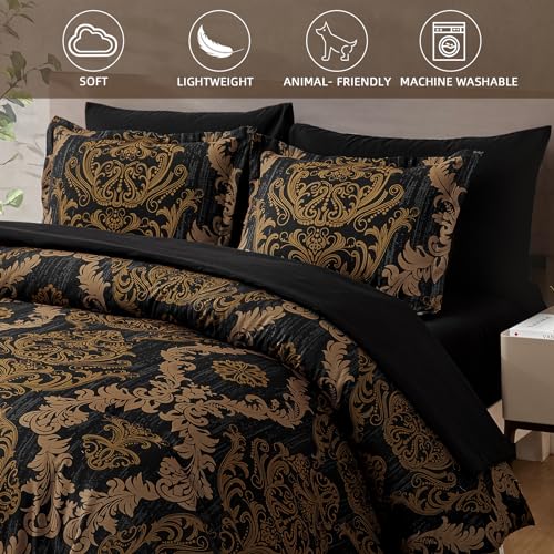 Black Gold Damask Comforter Set Queen Size - 7 Piece Bed in a Bag