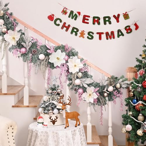 Elyum 2Pcs 6 Ft Pink Christmas Garland with Lights, Magnolia Flowers & Gold Leaves