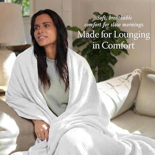 Threadmill 100% Cotton Queen Blanket - All-Season Herringbone Weave, White