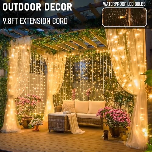 Dazzle Bright 300 LED Warm White Curtain String Lights for Bedroom and Patio Decor