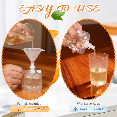 50ml Reusable Plastic Drink Pouches Bulk with Funnels - Leakproof Juice Bags for Travel, Food-Grade, Clear, 100 pcs