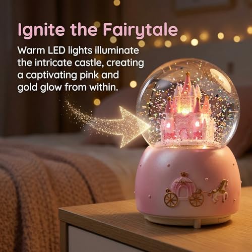 Rotating Castle Snow Globe Music Box with LED Lights and Melodies