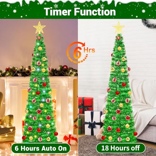 HISFFOG 5ft Prelit Green Tinsel Artificial Christmas Tree with 8 Light Modes & Remote