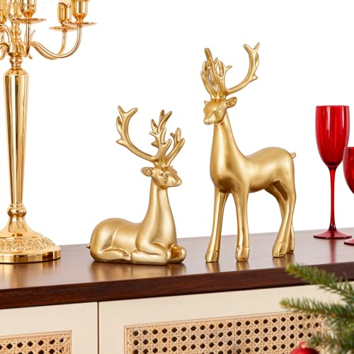 LULU Deer 2-Piece Gold Resin Reindeer Figurines for Christmas Home Decor