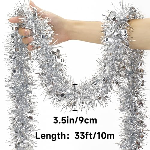 Kinglake Garden 33 ft Silver Christmas Tinsel Garland for Tree & Decor