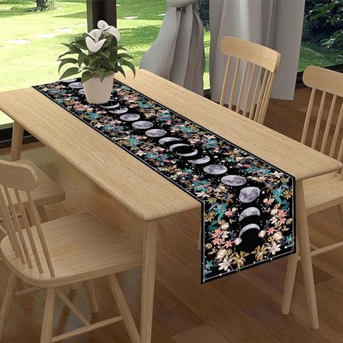 Drapeloft 13x36 Inch Boho Floral Moon Table Runner with Spring Flower Leaves - Seasonal Home Decor