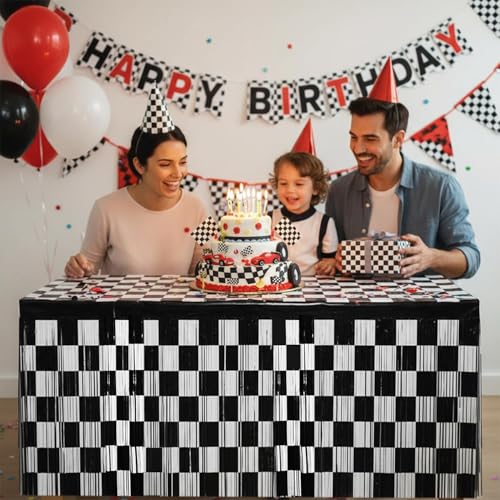Black and White Checkered Foil Tinsel Table Skirt - 2 Pack Racing Party Decor