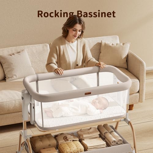 3-in-1 Baby Bedside Bassinet, Adjustable Rocking Crib with Mesh & Mattress
