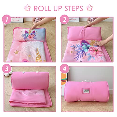 Pink Unicorn Toddler Nap Mat with Removable Pillow and Blanket for Daycare