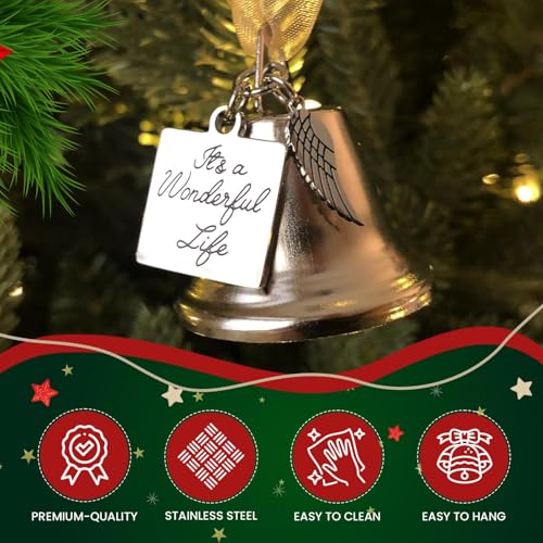 Angel Wing Christmas Bell Ornament - Stainless Steel Tree Decor with 2 Ribbons