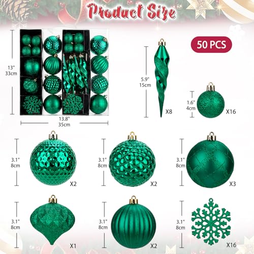 Emerald Green Christmas Tree Ornaments Set 50Pcs Shatterproof Holiday Decorations