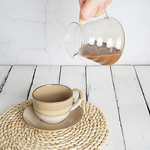 Bosmarlin Brown Ceramic Cappuccino Cup & Saucer Set of 2, 10 Oz Coffee Mugs