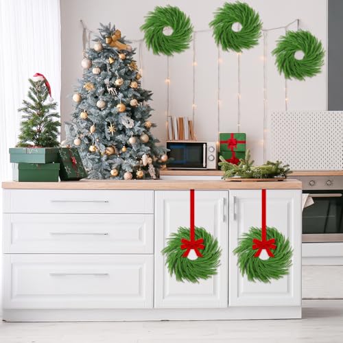 Set of 4 Mini Christmas Cabinet Wreaths, 15-Inch Norfolk Pine with Red Bows