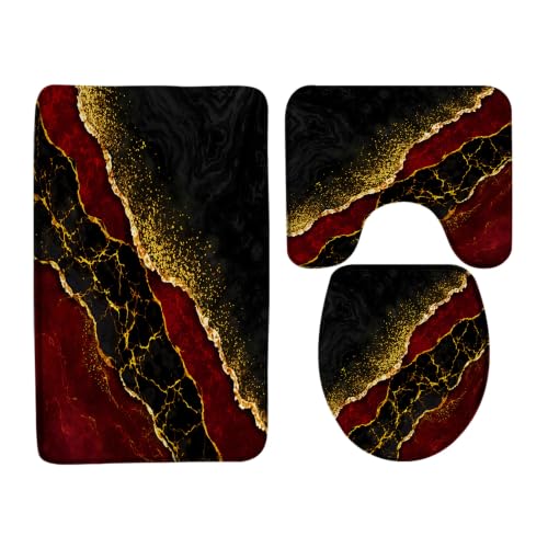 3-Piece Burgundy Marble Bath Rug Set with Toilet Lid Cover and U-Mat