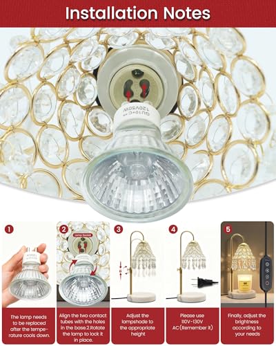 KISUFU Gold 2-in-1 Smart Crystal Candle Warmer Lamp with Timer - 50W Halogen + 5W Night Light, Adjustable Height