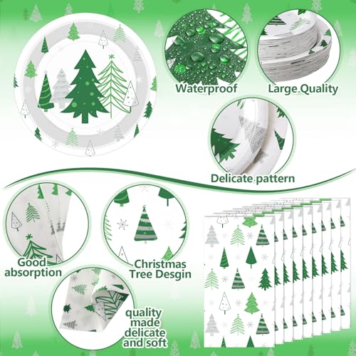 Pickmesh Christmas Tree Paper Plate Set for 50 Guests - Green Silver Party Supplies