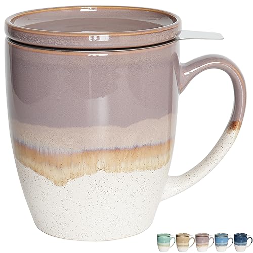 Bosmarlin 16oz Ceramic Tea Mug with Infuser, Lid & Reactive Glaze - Purple