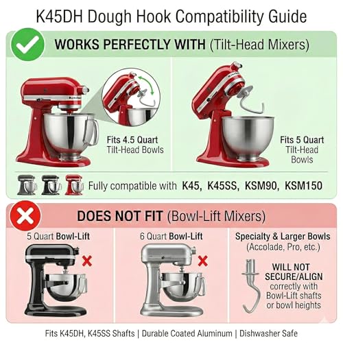 Coated C-Shaped Dough Hook Attachment for 4.5–5 Quart Tilt-Head Stand Mixers